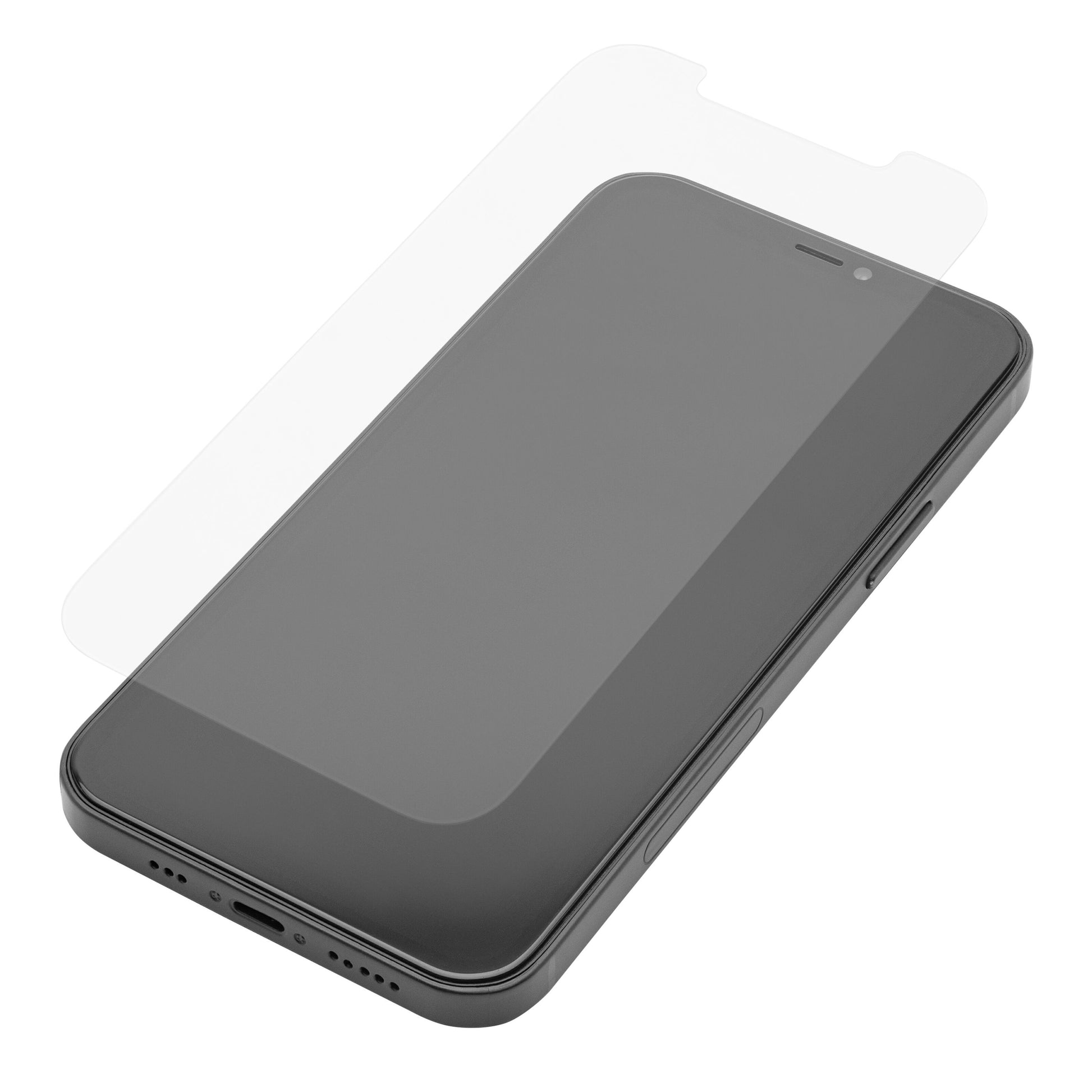 Linocell Elite Extreme skærmbeskyttelse til iPhone 12/12 Pro over sort telefon set fra vinkel, ridsebestandigt design.