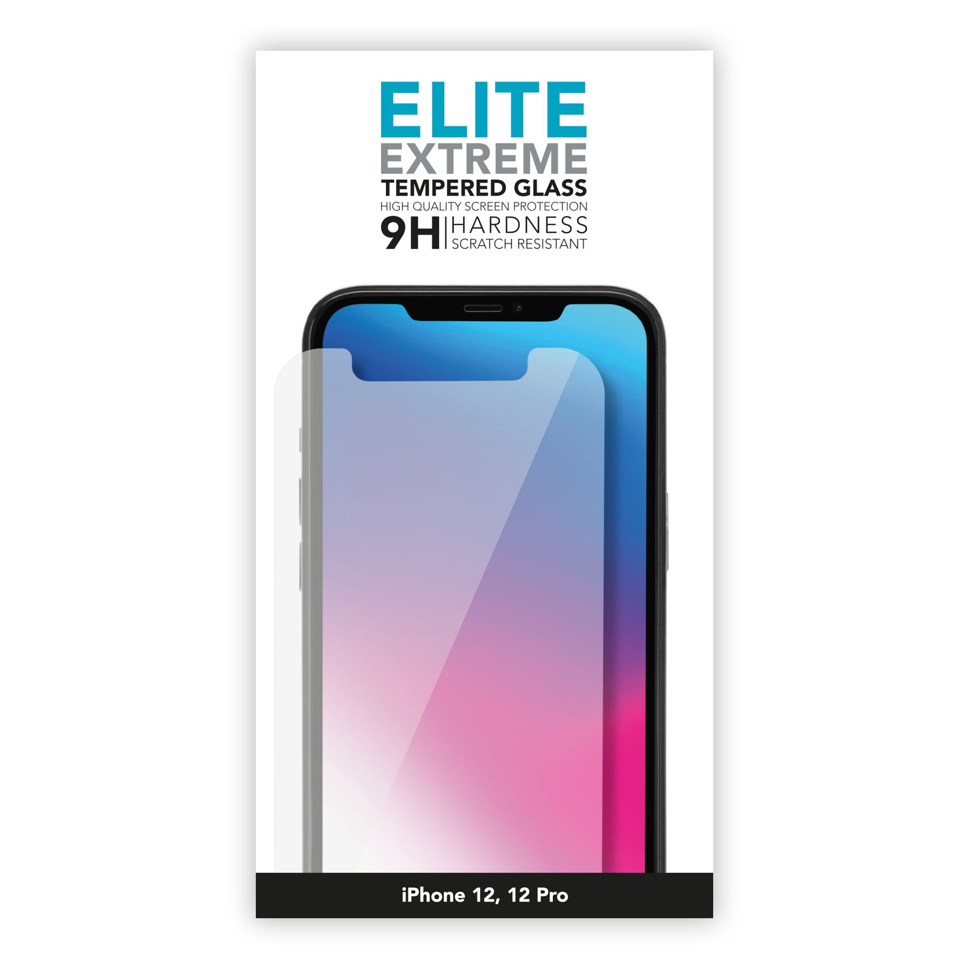 Linocell Elite Extreme skærmbeskyttelse til iPhone 12/12 Pro, 9H hårdhed, ridsebestandig, vises på iPhone forsiden.