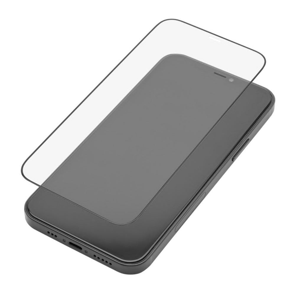 Buet skærmbeskyttelse til iPhone 12/12 Pro med sorte kanter og klar midte vises over sort telefon til justering.