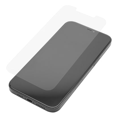 Sorter iPhone 12 Pro Max med gennemsigtig Elite Extreme skærmbeskyttelse lige over skærmen, klar til montering.