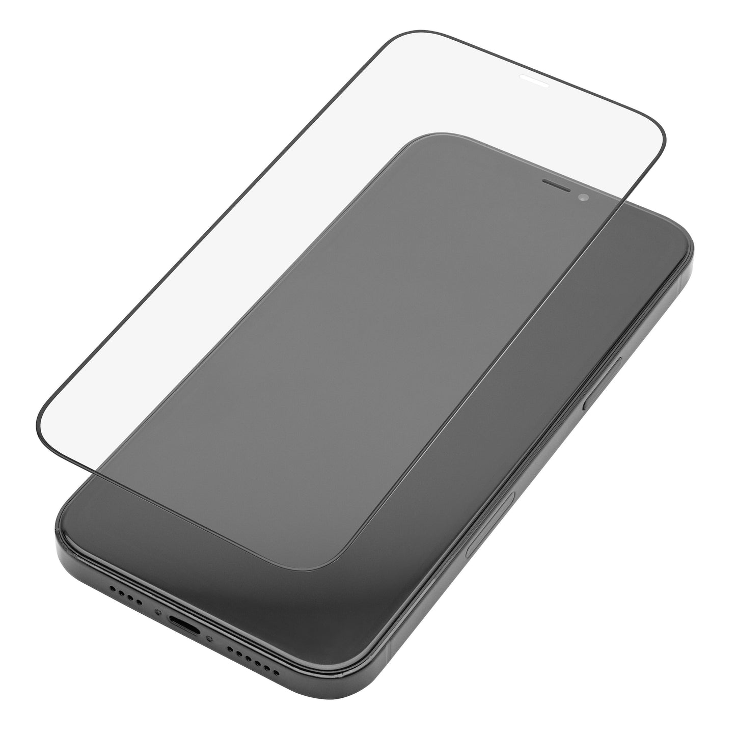 Elite Extreme Curved skærmbeskyttelse til iPhone 12 Pro Max hærdet glas på sort telefon, synlige knapper og porte.