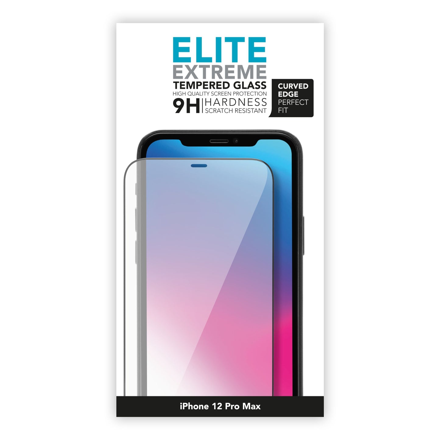 Elite Extreme Curved skærmbeskyttelse til iPhone 12 Pro Max, hærdet glas 9H, ridsefast, præcis pasform til buede kanter.