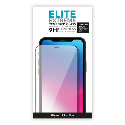 Elite Extreme Curved skærmbeskyttelse til iPhone 12 Pro Max, hærdet glas 9H, ridsefast, præcis pasform til buede kanter.