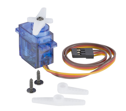 Luxorparts SG90 Micro-servo 4-pak, kompakte blå servomotorer med hvide arme, brun-orange-gule kabler og sorte stik.