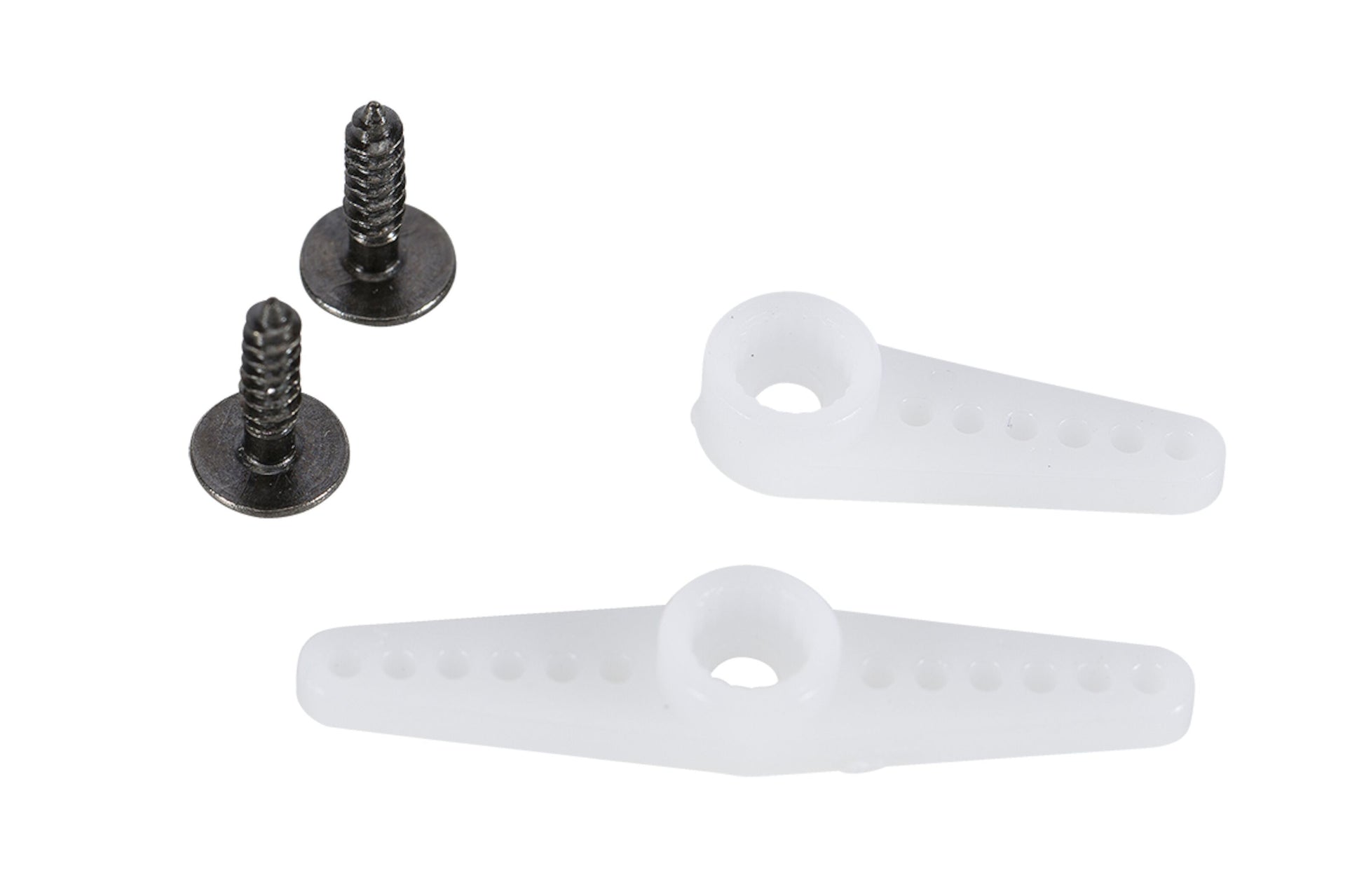 SG90 Micro-servo 4-pack med to små sorte skruer og to hvide multi-huls plastikservoarme til Arduino eller Raspberry Pi.
