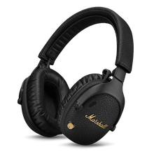 MARSHALL Monitor III A.N.C. trådløse over-ear-hovedtelefoner i sort med strukturerede ørekopper, guldlogo og guldfarvet knap.
