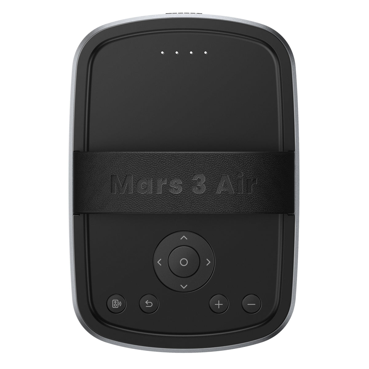 Nebula Mars 3 Air bærbar miniprojektor, sort, rektangulær med betjeningsknapper, cirkulær frontpanel og fire indikatorlamper.