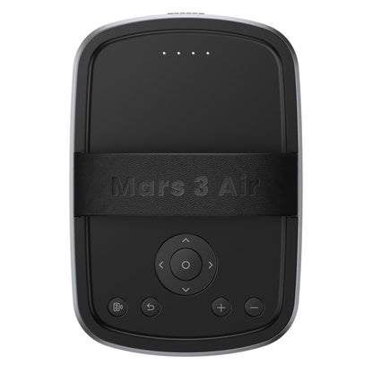 Nebula Mars 3 Air bærbar miniprojektor, sort, rektangulær med betjeningsknapper, cirkulær frontpanel og fire indikatorlamper.