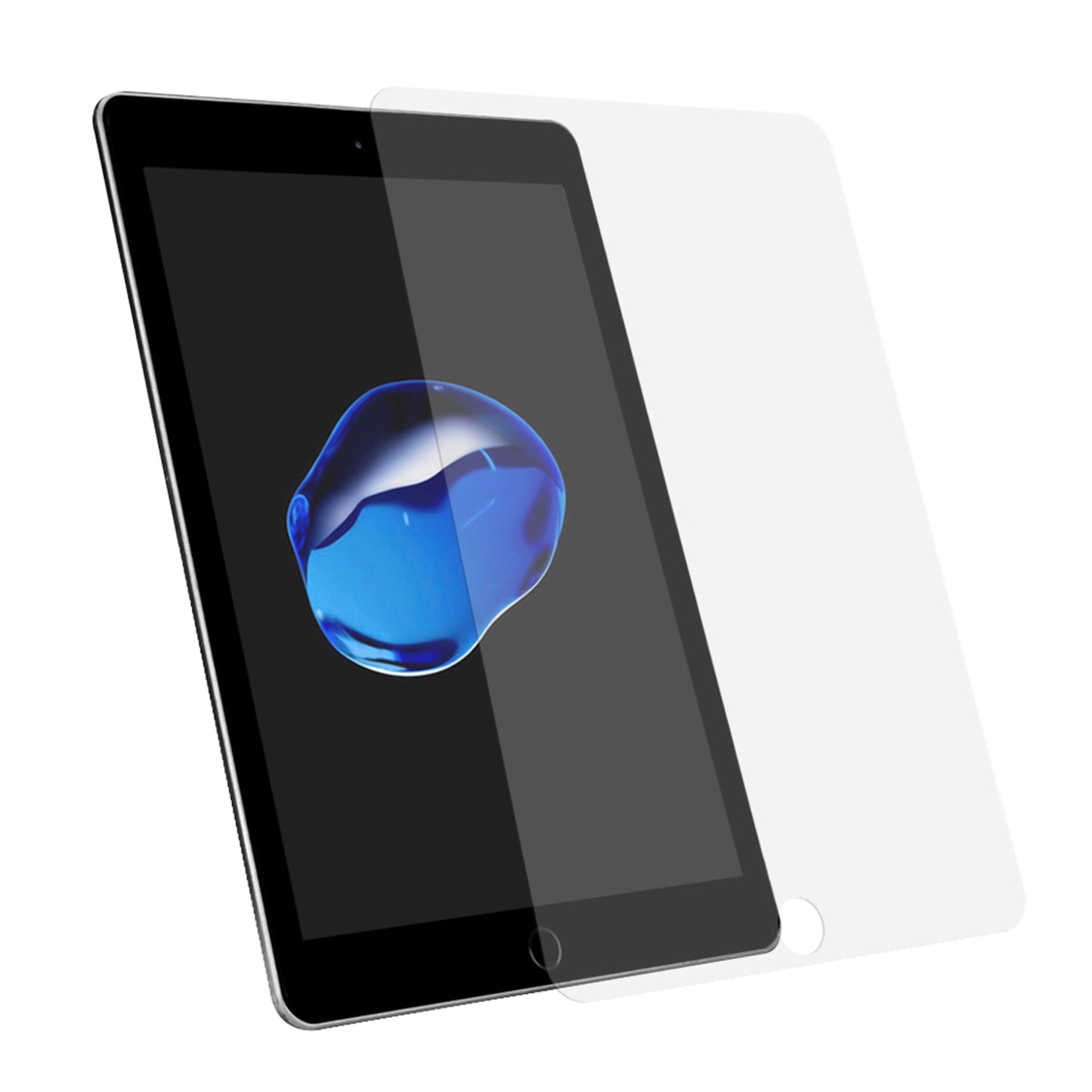Linocell skærmbeskyttelse til iPad 10,2", klar hærdet glasdelvist lagt over sort tablet med blå grafik.