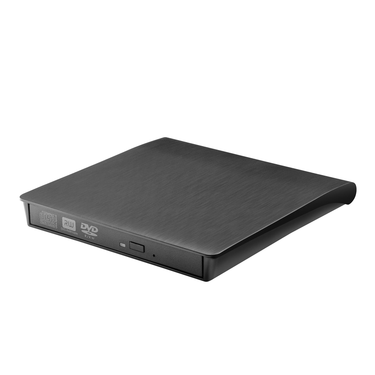 Ekstern DVD-brænder, sort, slankt design med børstet finish, diskbakke, eject-knap, LED og DVD/RW-logoer, USB 3.0.