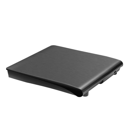 Plexgear Ekstern DVD-brænder sort, rektangulær med afrundede kanter og børstet finish, USB 3.0 port, set fra skrå topvinkel.