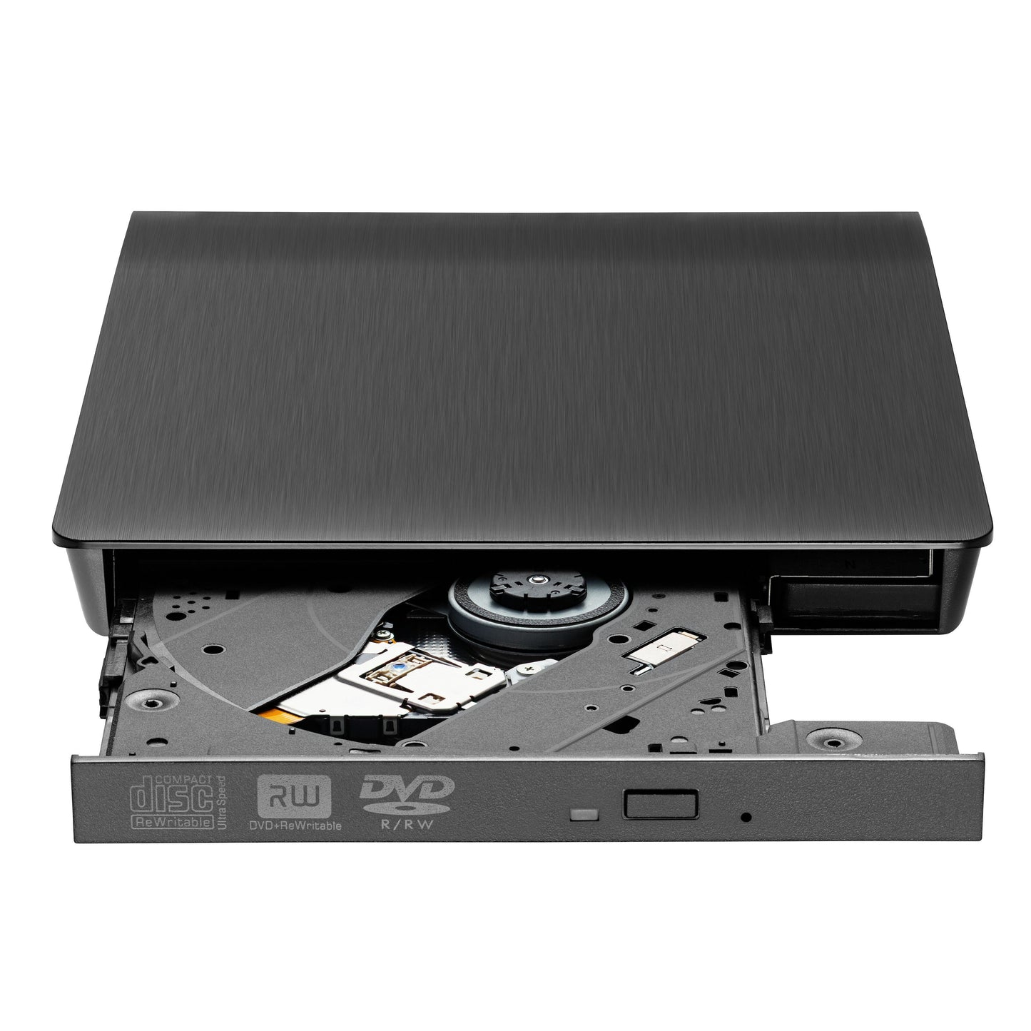 Plexgear Ekstern DVD-brænder, sort, åben diskbakke synlig, USB 3.0-port.