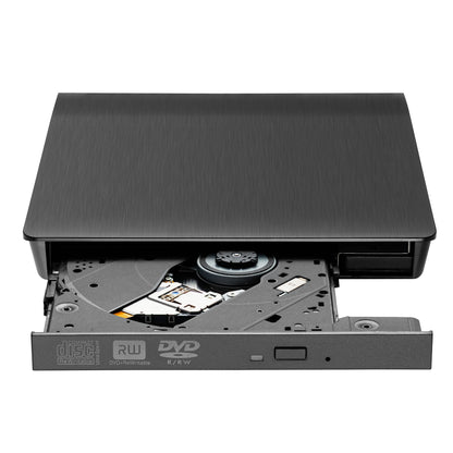 Plexgear Ekstern DVD-brænder, sort, åben diskbakke synlig, USB 3.0-port.