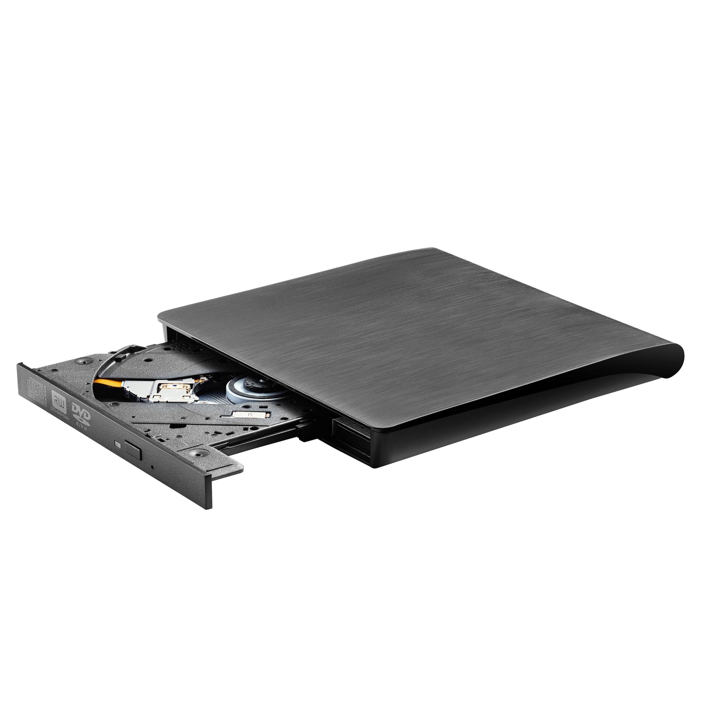 Ekstern DVD-brænder, metallic, slankt design, åben skuffe med synligt diskrum og interiør, USB 3.0-port.
