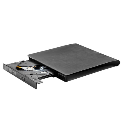 Ekstern DVD-brænder, metallic, slankt design, åben skuffe med synligt diskrum og interiør, USB 3.0-port.
