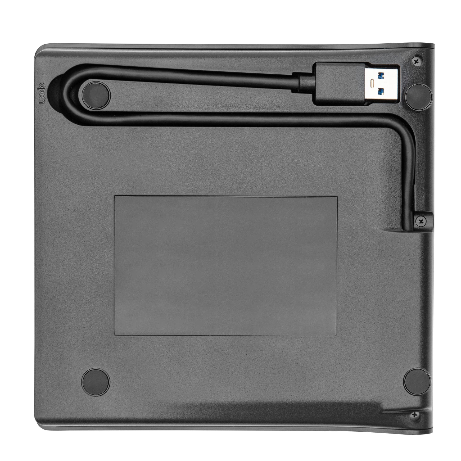 Plexgear Ekstern DVD-brænder underside med indbygget USB 3.0 kabelopbevaring i spor.
