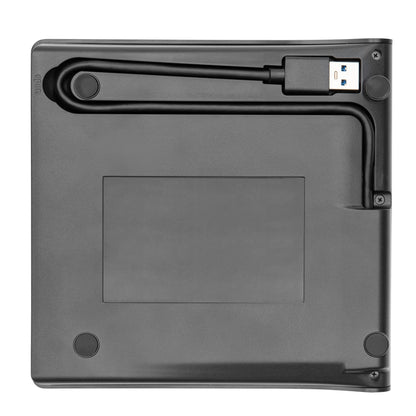 Plexgear Ekstern DVD-brænder underside med indbygget USB 3.0 kabelopbevaring i spor.