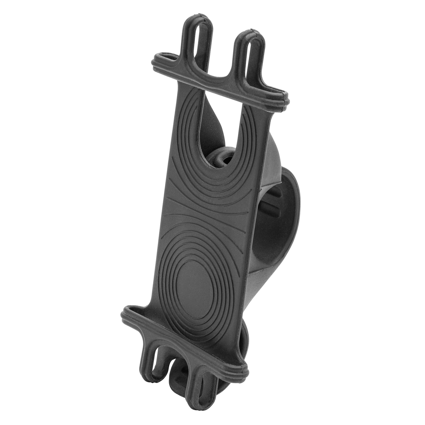 Linocell mobilholder i sort silikone med cirkelmønster og justerbare stropper til cykel eller el-løbehjul styret.