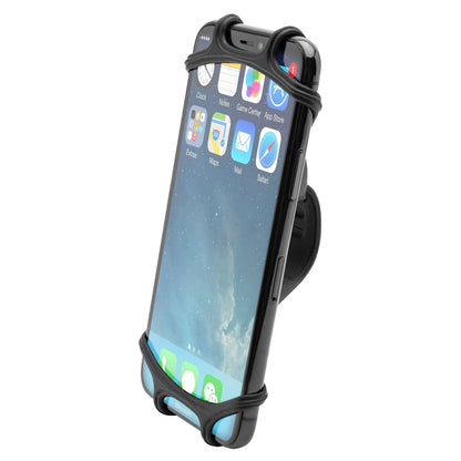 Smartphone i silikone mobilholder til cykel, silikonestropper om hjørnerne, appikoner synlige på skærm.