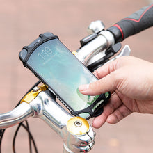 Smartphone i Linocell Mobilholder silikone monteret på cykelstyr, skærm viser 1:19, sølvstyr og greb synlige.