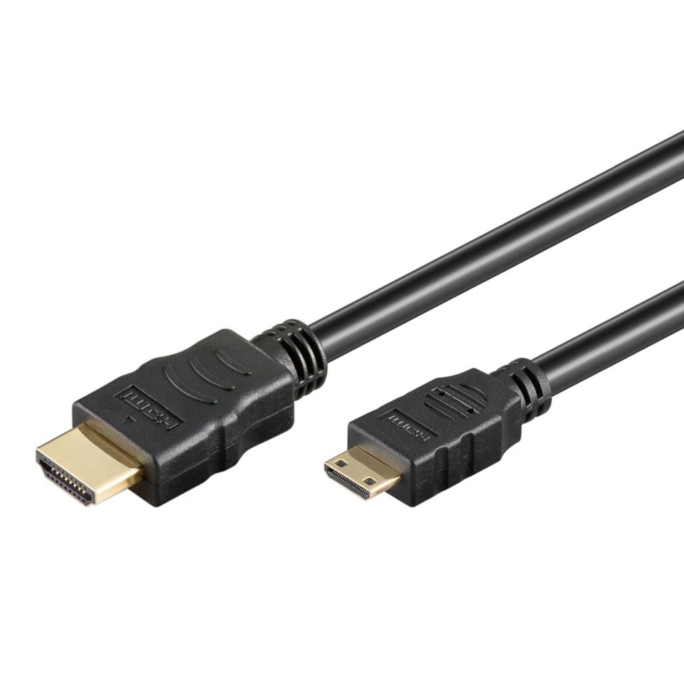 Goobay Mini HDMI til HDMI kabel 2 m, sort, begge stik synlige: standard HDMI til venstre, Mini HDMI til højre.