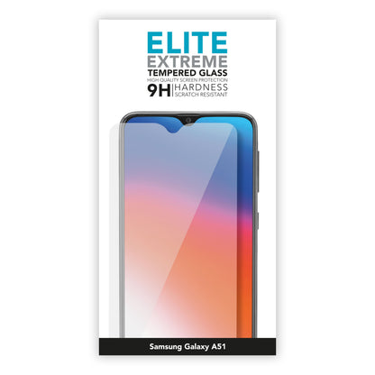 Linocell skærmbeskyttelse i glas til Galaxy A51, 9H hårdhed, illustreret med delvist påsat beskyttelsesglas.