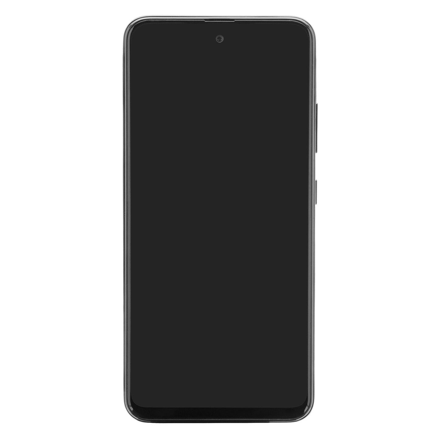 Samsung Galaxy A51 med glasskærmbeskyttelse, set forfra, smalle kanter, afrundede hjørner, knapper i højre side.