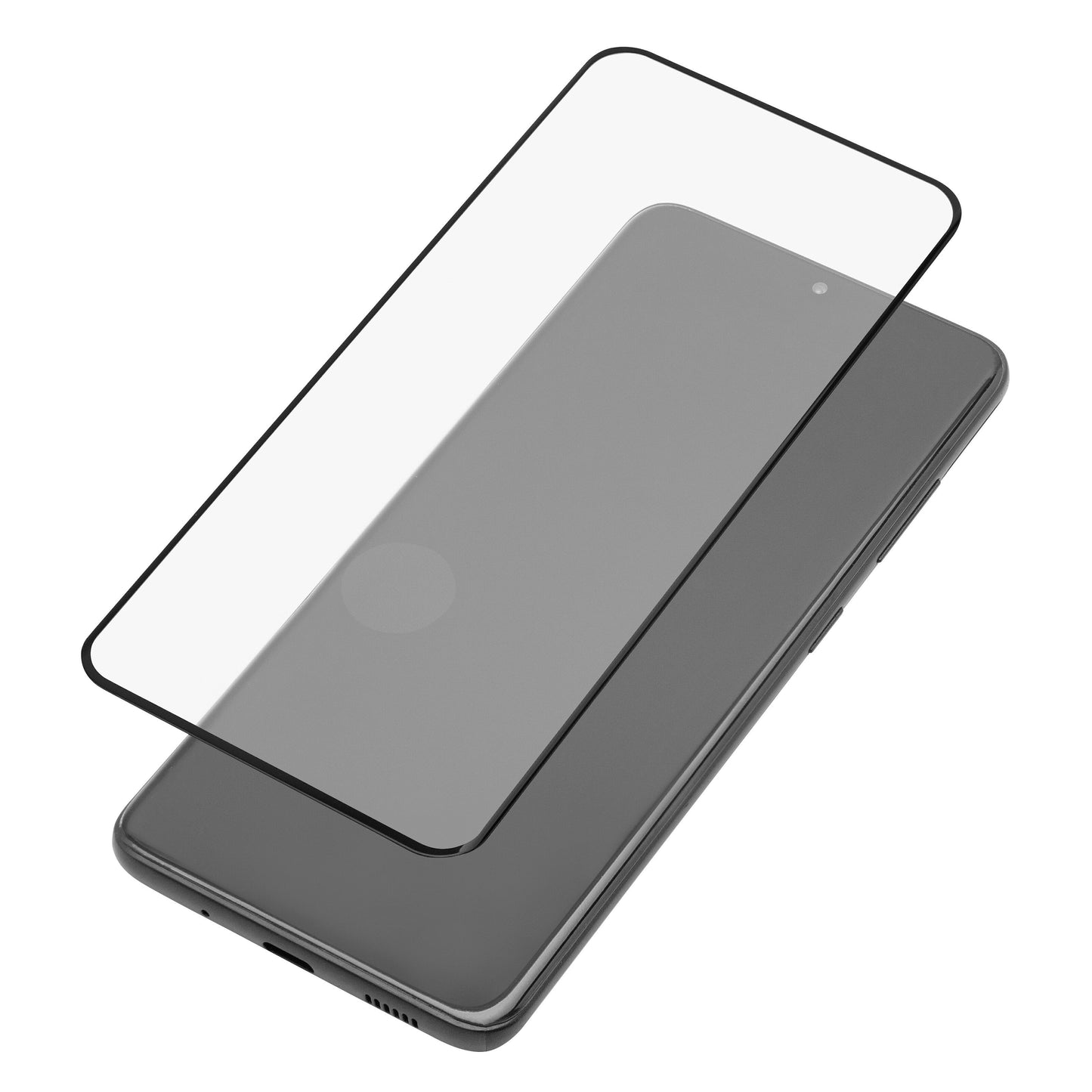 Elite Extreme Curved skærmbeskyttelse til Galaxy S20 over grå Samsung Galaxy S20 i vinkel, klar til montering.