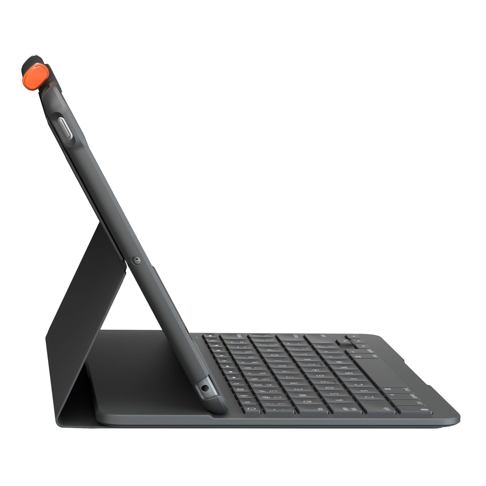 Logitech Slim Folio tastaturcover til iPad 10,2 sort med indbygget stander og orange-toppet stylus på topkanten.