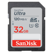SanDisk Ultra 32GB SDHC, gråt kort med røde/hvide detaljer, Class 10 UHS-1, op til 120MB/s, synlige symboler.