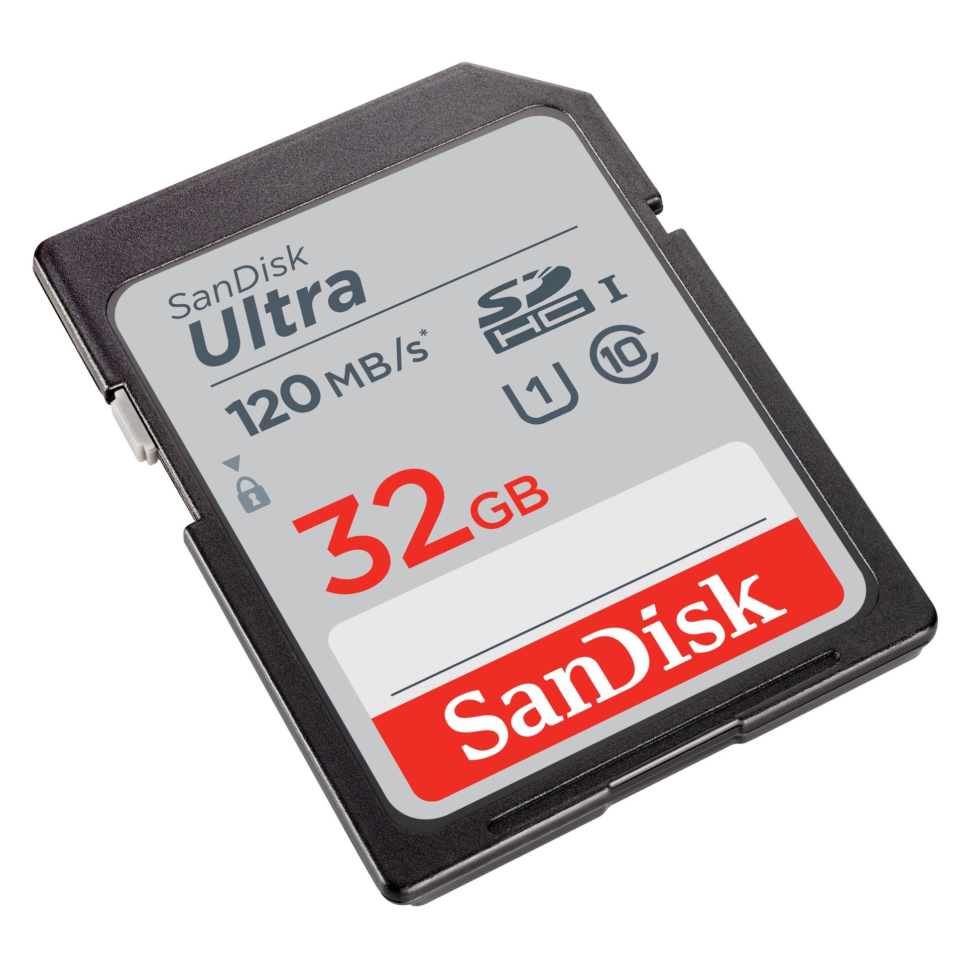 Sandisk Ultra SDHC 32GB SD-kort Class 10 UHS-1 op til 120MB/s læsehastighed vist skråt.