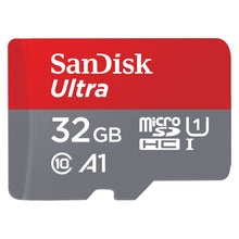 Sandisk Ultra MicroSDHC 32GB microSDHC A1 U1 rød/grå, synlige performanceikoner og mærkater på forsiden.