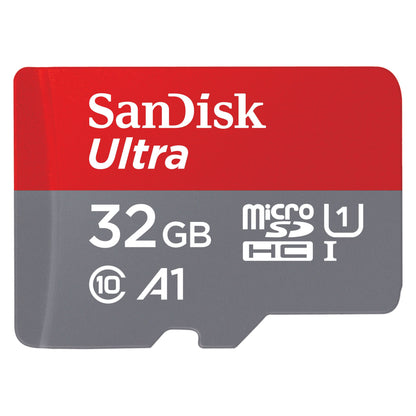 Sandisk Ultra MicroSDHC 32GB microSDHC A1 U1 rød/grå, synlige performanceikoner og mærkater på forsiden.
