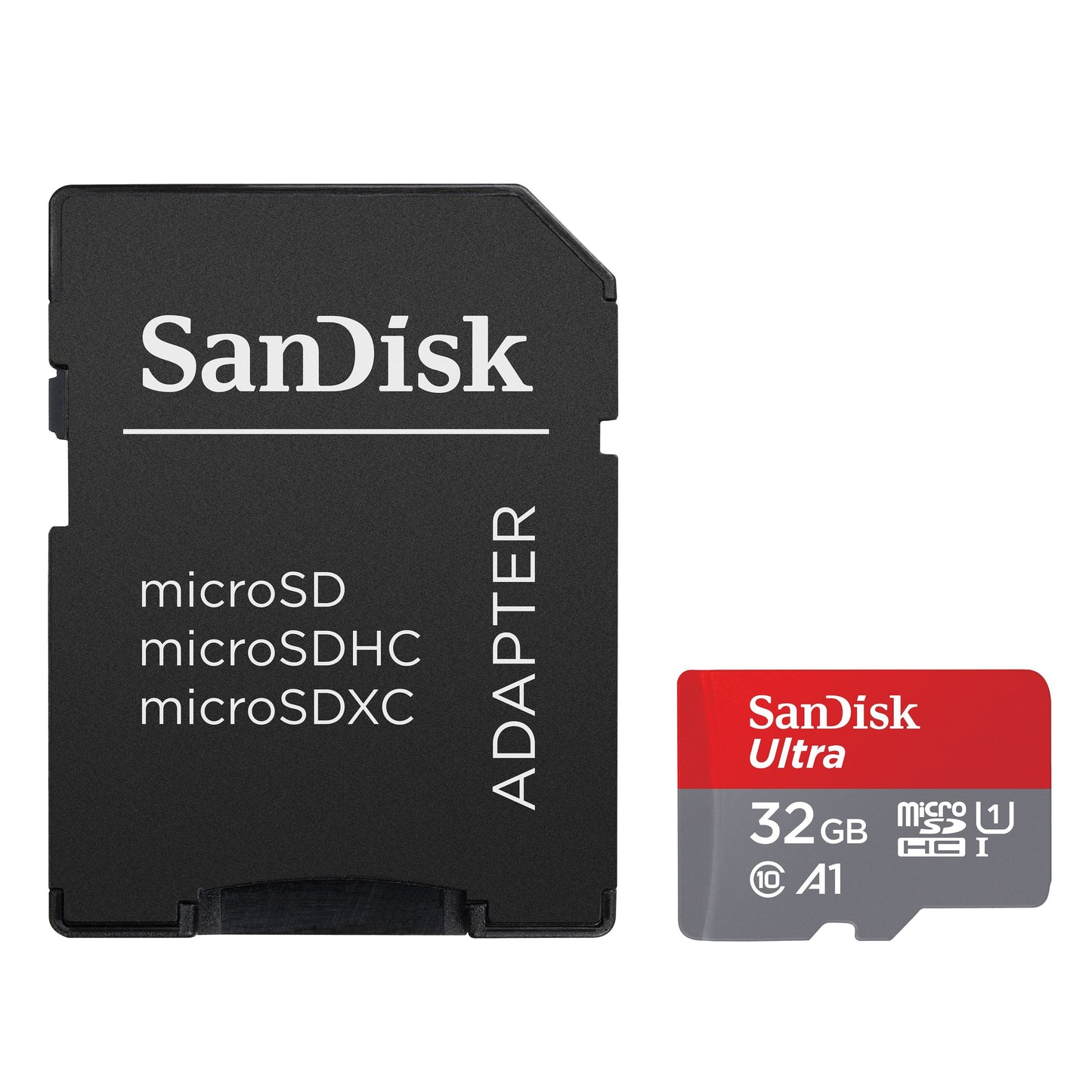 Sandisk Ultra microSD 32GB SDHC samt Sandisk microSD til SD-adapter vises sammen.