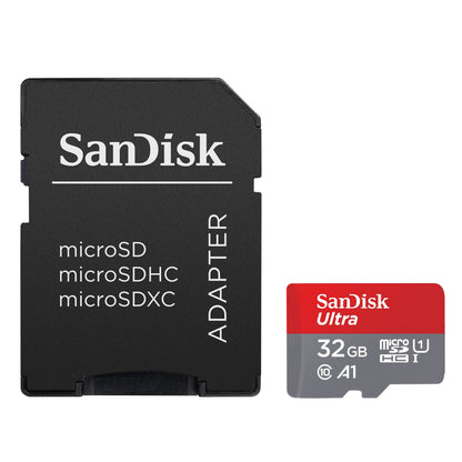 Sandisk Ultra microSD 32GB SDHC samt Sandisk microSD til SD-adapter vises sammen.