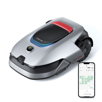 Dreame A2 robotplæneklipper til 3.000 m² uden kanttråd, OmniSense 2.0, stopknap, frontkamera og smartphone med AI-kort.