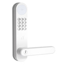 Nimly Code elektronisk dørlås, hvid med tastatur, kortlæser øverst og vandret håndtag, nøglefri adgang.