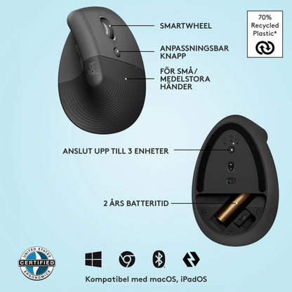 Logitech Lift – vertikal ergonomisk mus i Graphite, billeder af oversiden og undersiden med knapper, rullehjul, batterirum og porte.
