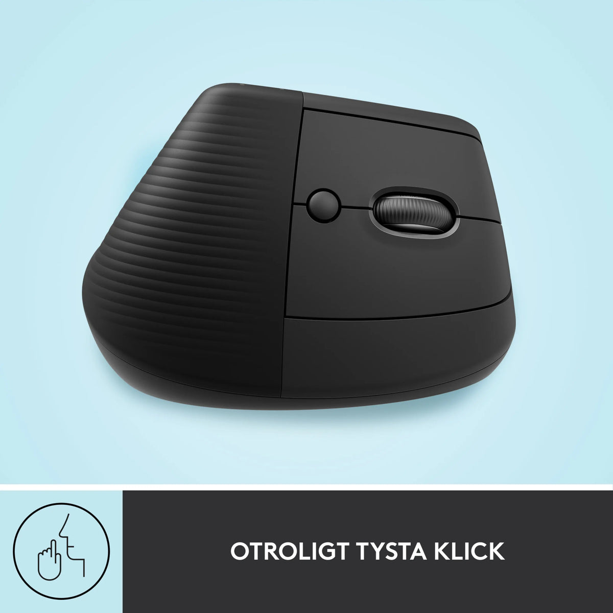 Logitech Lift – en vertikal, ergonomisk mus i farven Graphite med rullehjul, sideknap og tekst om lydløse klik.