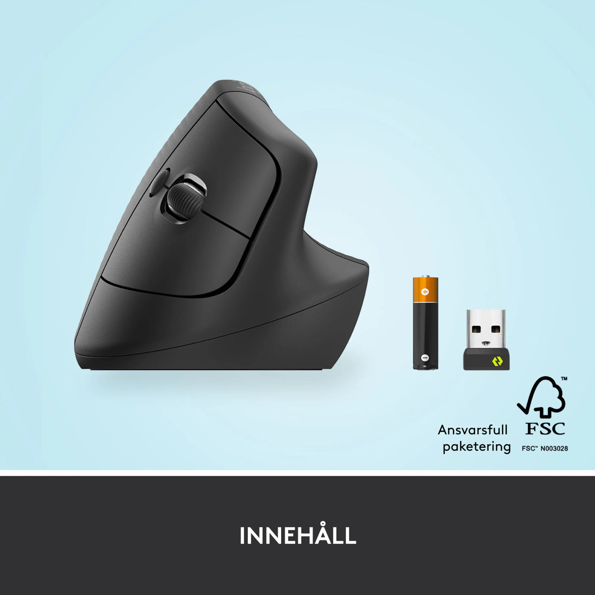 Logitech Lift – vertikal, ergonomisk mus i grafitfarve med rullehjul, AA-batteri og USB-modtager.