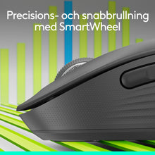 Logitech Signature M650 trådløs mus i grafitfarve til små/mellemstore hænder, rullehjul, sideknapper og tekstoverlay.