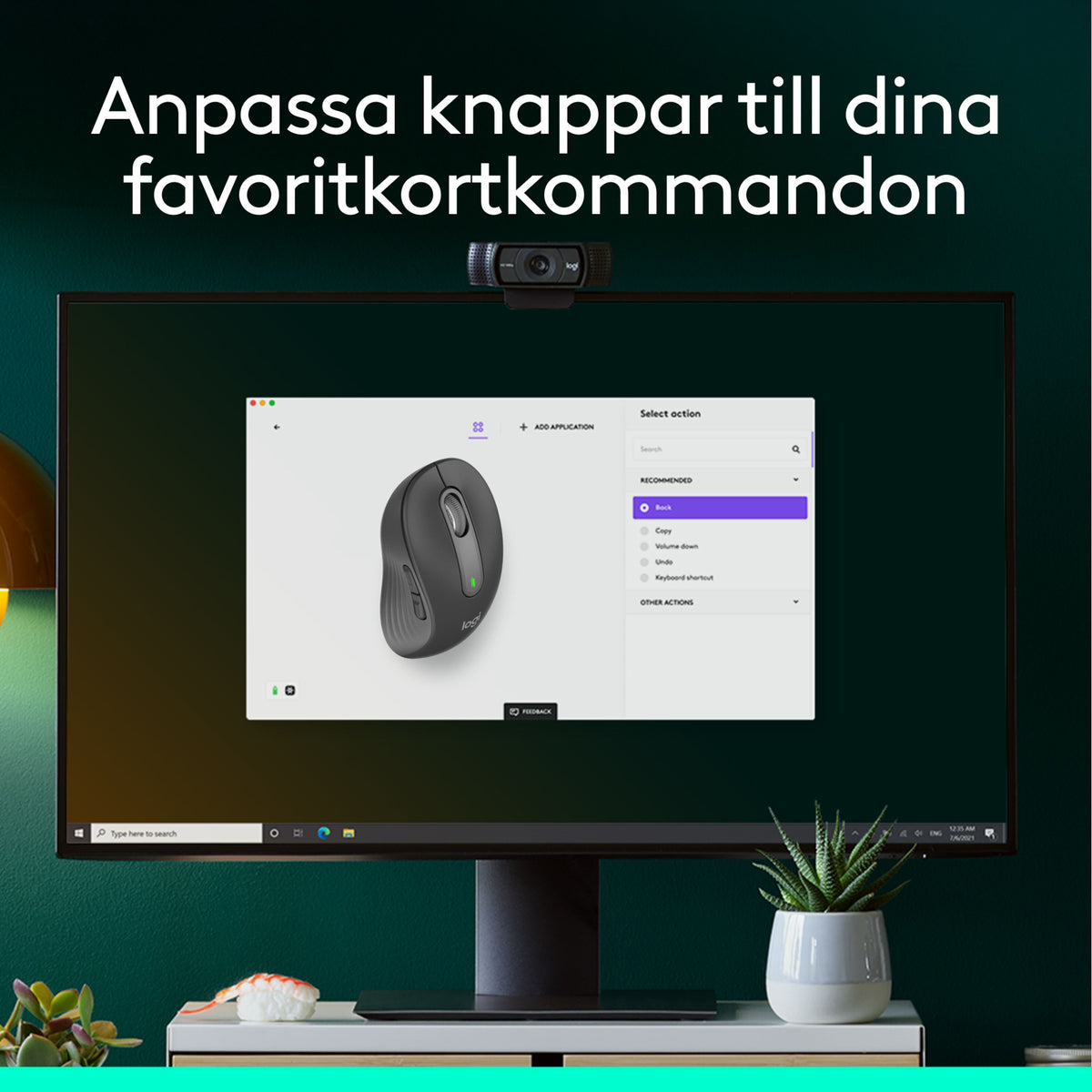 Skærmbillede med software til Logitech Signature M650 trådløs mus, Graphite, med musen på skærmen og webkameraet øverst.