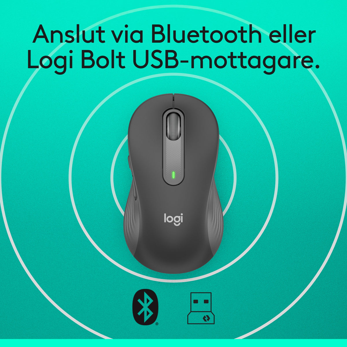 Logitech Signature M650 trådløs mus, mørkegrå, til små/mellemstore hænder, SmartWheel, Bluetooth og Logi Bolt USB-ikon.