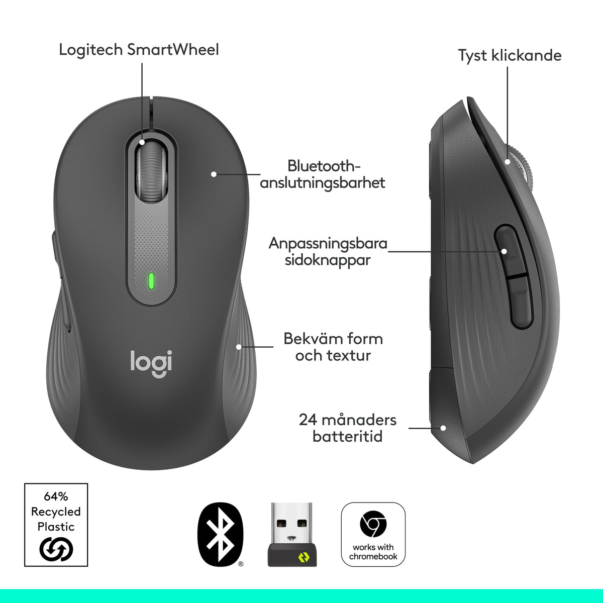 Logitech Signature M650 trådløs mus, Graphite, billeder af oversiden og siden med SmartWheel, sideknapper og oplysninger om tilslutning.