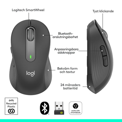 Logitech Signature M650 trådløs mus, Graphite, billeder af oversiden og siden med SmartWheel, sideknapper og oplysninger om tilslutning.