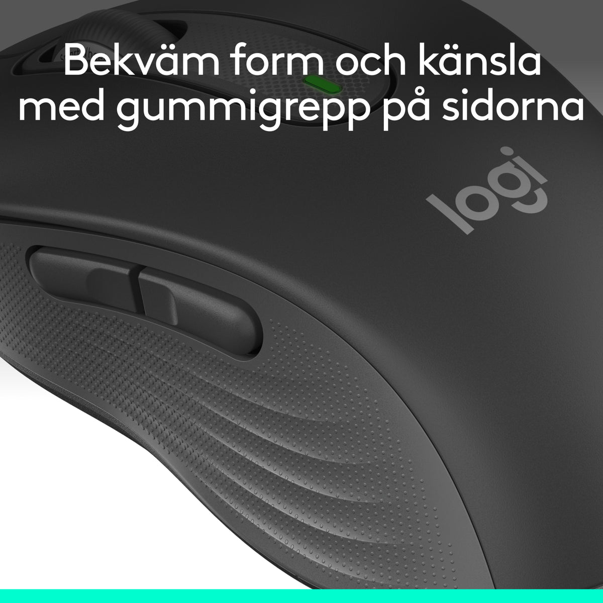 Logitech Signature M650 trådløs mus i grafitfarve til små/mellemstore hænder, sideknapper, gummigreb, tekst: Behagelig form og fornemmelse.