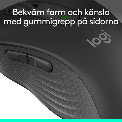 Logitech Signature M650 trådløs mus i grafitfarve til små/mellemstore hænder, sideknapper, gummigreb, tekst: Behagelig form og fornemmelse.