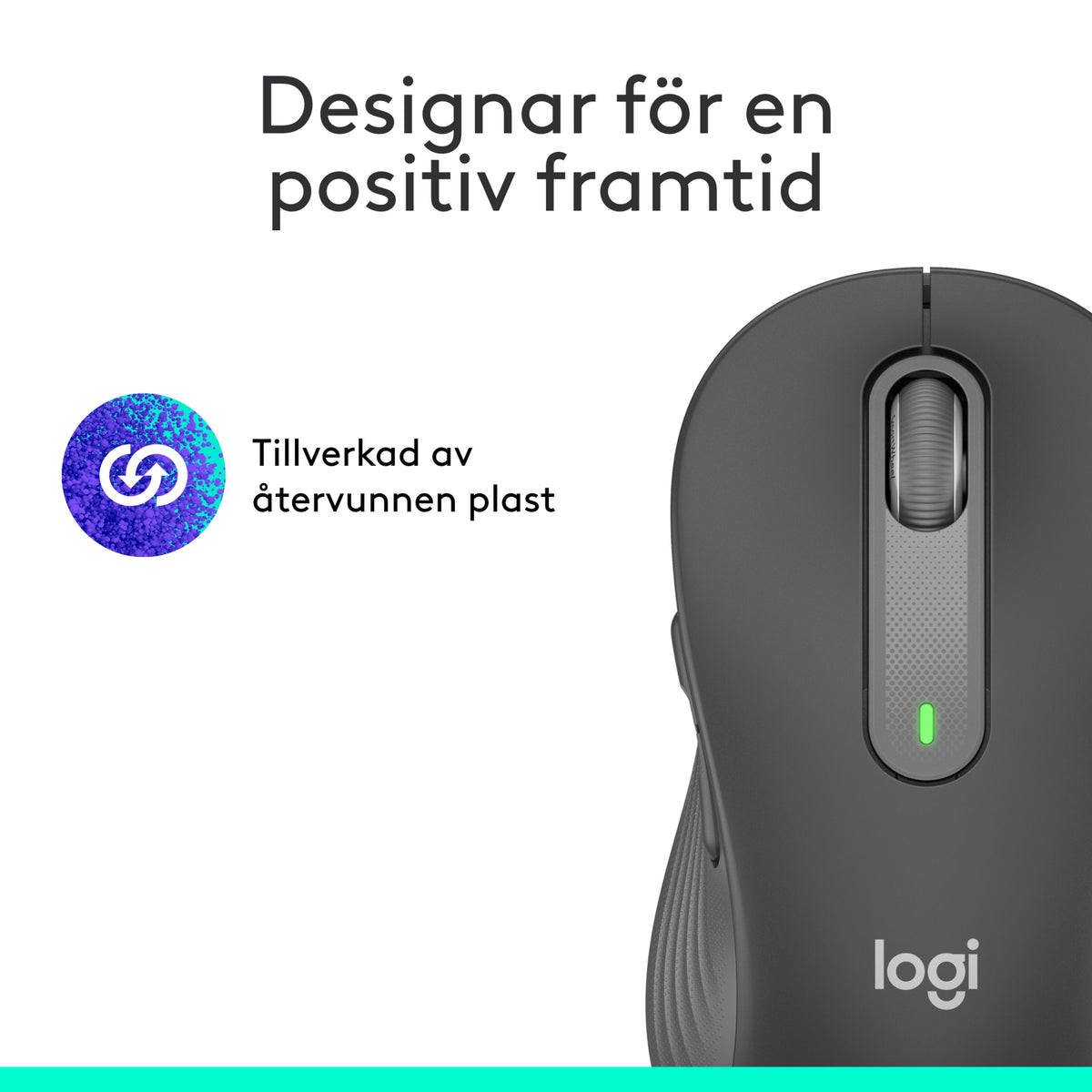 Graphite Logitech Signature M650 trådløs mus til små/mellemstore hænder, SmartWheel, sideknapper, statuslampe og genbrugsikon.