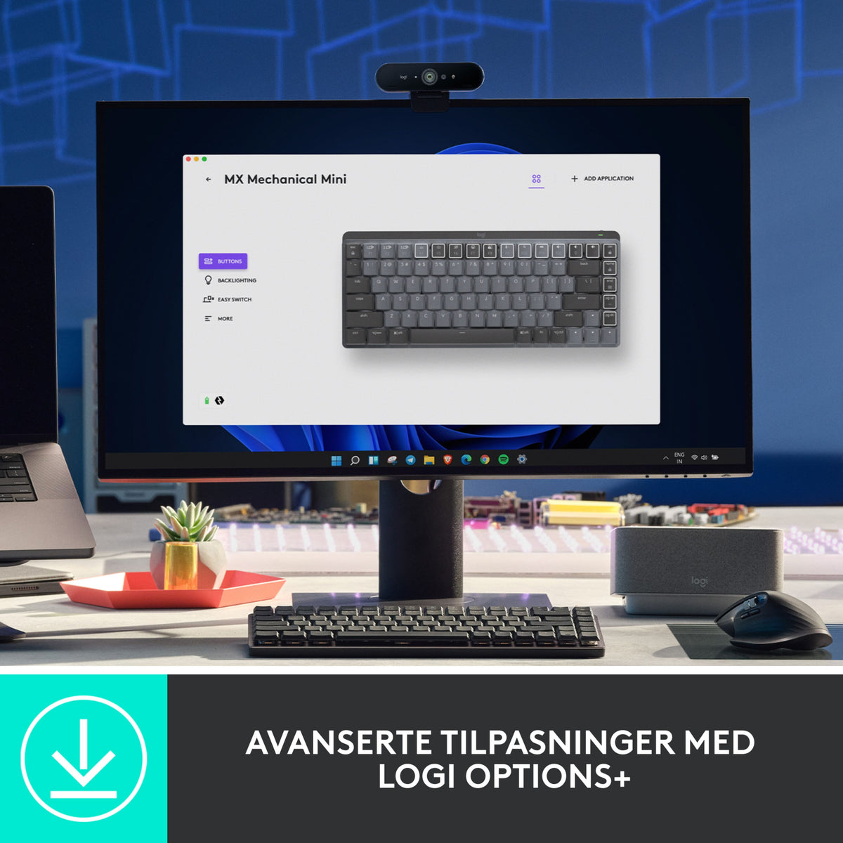 Logitech MX Mechanical Mini trådløst mekanisk tastatur, Tactile Quiet Brown, vist på en computerskærm i et softwareprogram.