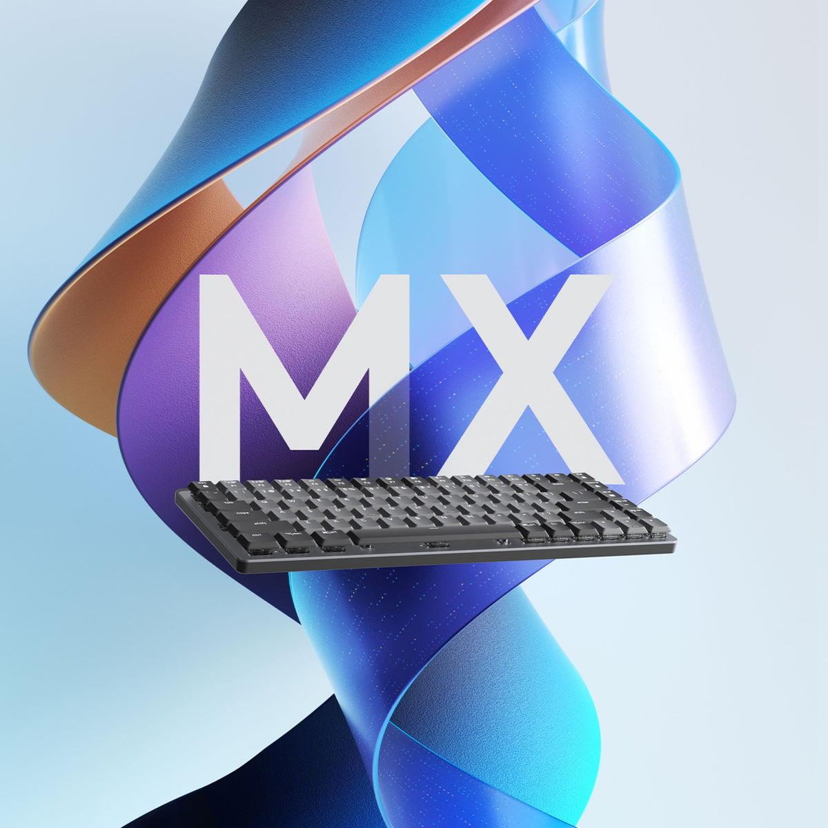 Logitech MX Mechanical Mini trådløst mekanisk tastatur, Tactile Quiet Brown, med blåt og lilla bånd samt MX-logo.
